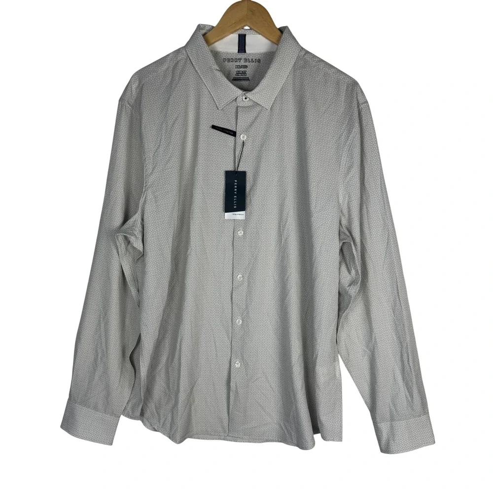Perry Ellis Mens XXL Slim Fit Total Stretch Shirt Egret Geometric 4JFW7020PS NWT